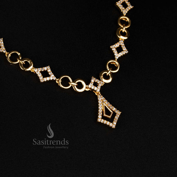Close-up of dazzling White American Diamond micro gold plated necklace, showcasing intricate geometric design with diamond-shaped AD links and circular gold links, SKU 2574C