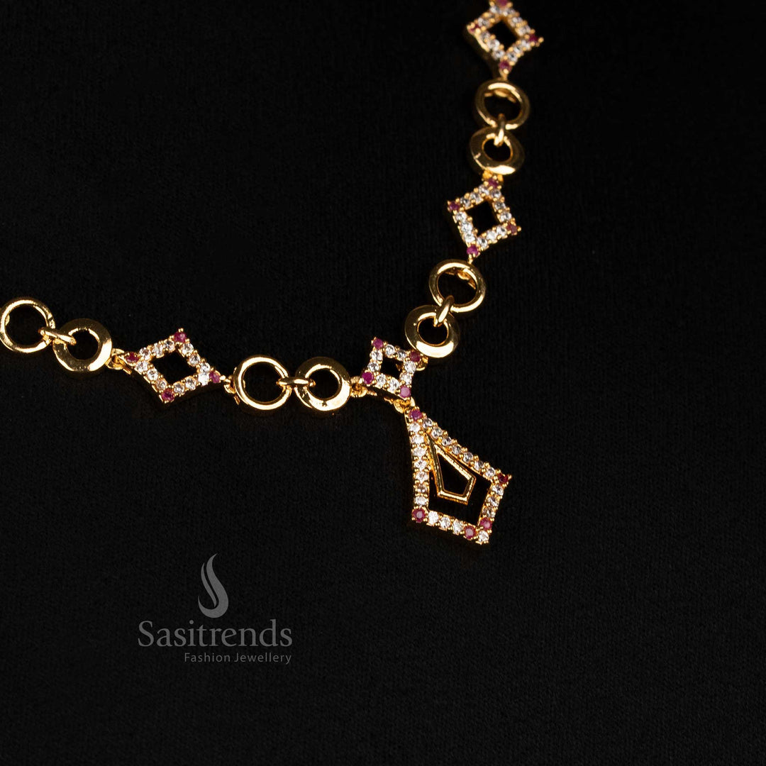 Close-up of dazzling American Diamond micro gold plated necklace, showcasing intricate geometric design with diamond-shaped AD links and circular gold links - Sasitrends