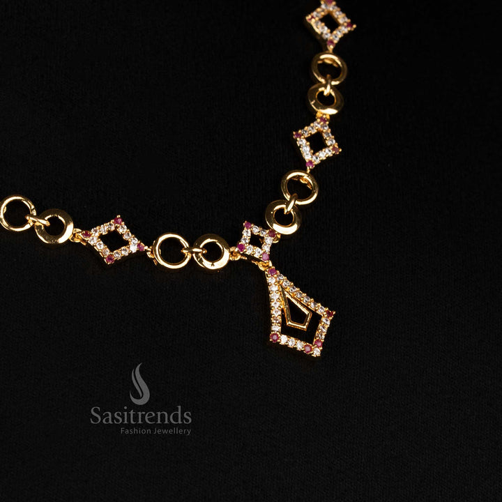 Close-up of dazzling American Diamond micro gold plated necklace, showcasing intricate geometric design with diamond-shaped AD links and circular gold links - Sasitrends