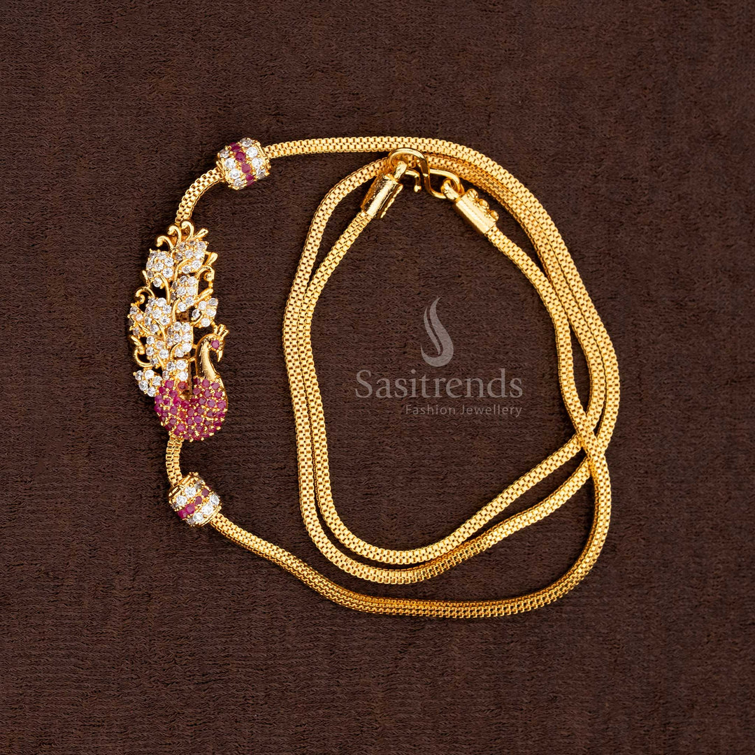 Full view of the Micro Gold Plated Mugappu Chain, highlighting the beautifully textured chain and the detailed, movable peacock centerpiece - Sasitrends