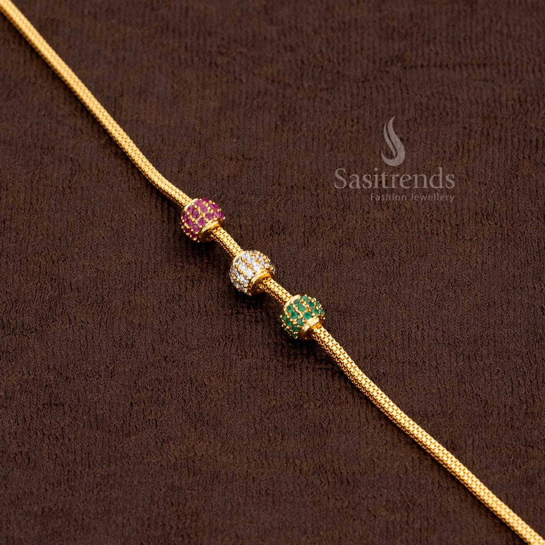 Close-up of a Grand Micro Gold Plated Mugappu Chain, showcasing the intricate ball design with sparkling AD stones, SKU 2576H