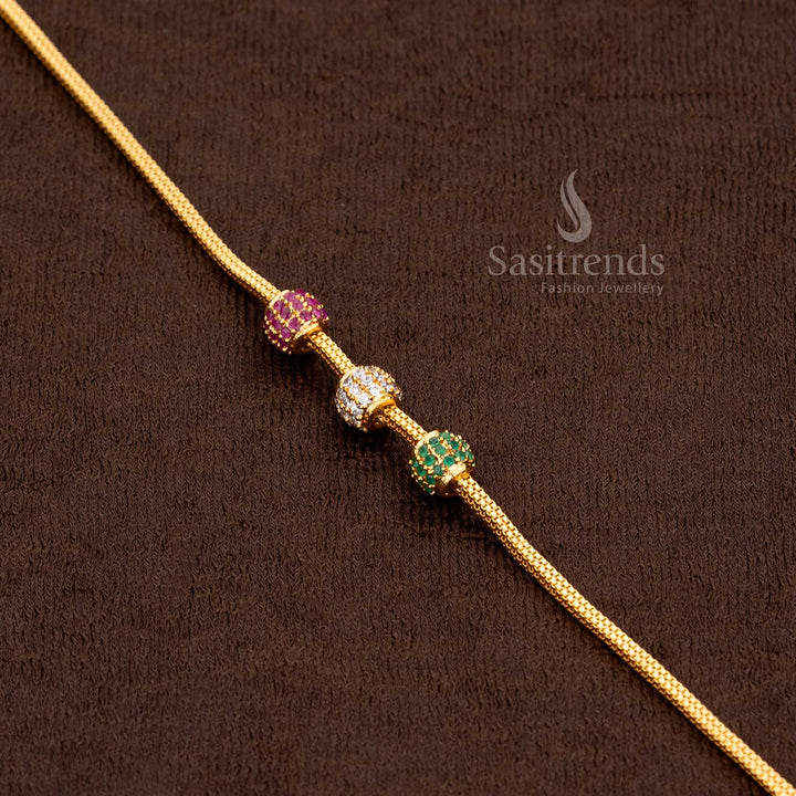 Close-up of a Grand Micro Gold Plated Mugappu Chain, showcasing the intricate ball design with sparkling AD stones, SKU 2576H