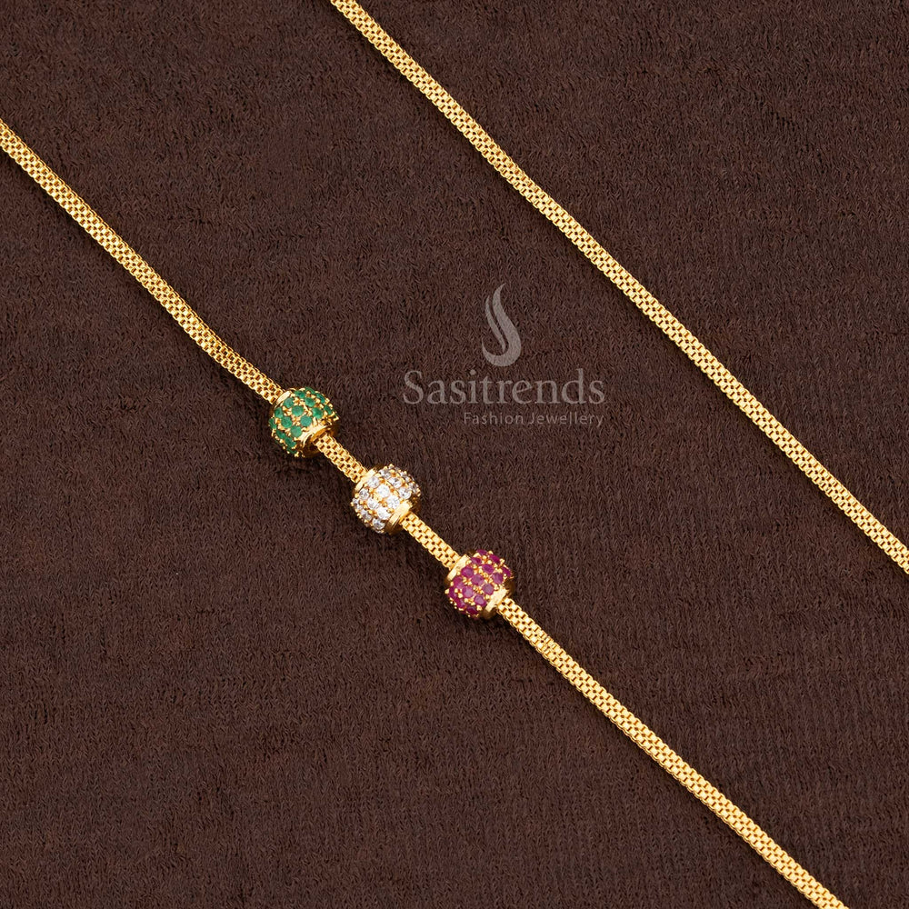 Full view of the Micro Gold Plated Mugappu Chain, highlighting the beautifully textured chain and the detailed, movable multi-bead centerpiece with AD stones.