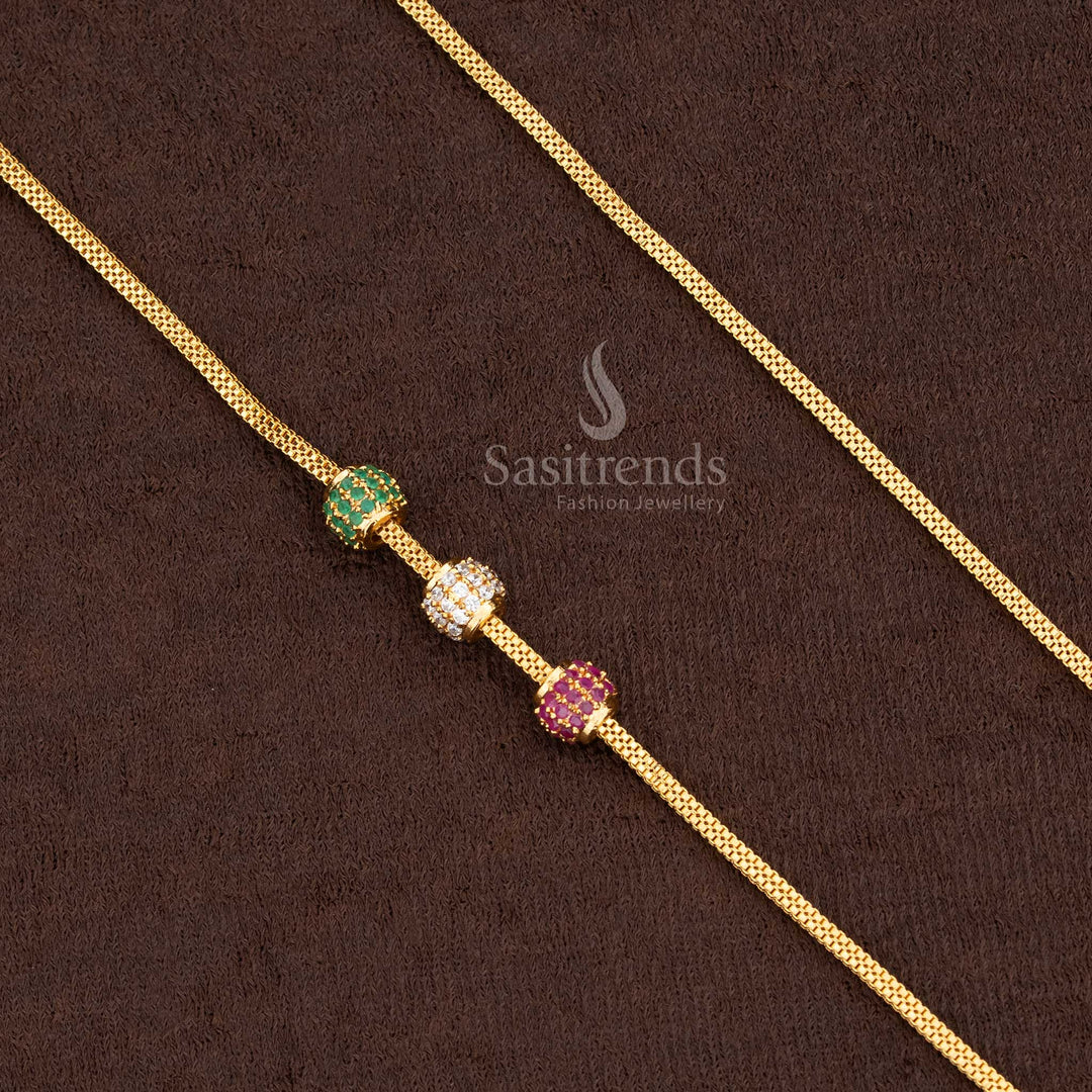 Full view of the Micro Gold Plated Mugappu Chain, highlighting the beautifully textured chain and the detailed, movable multi-bead centerpiece with AD stones.