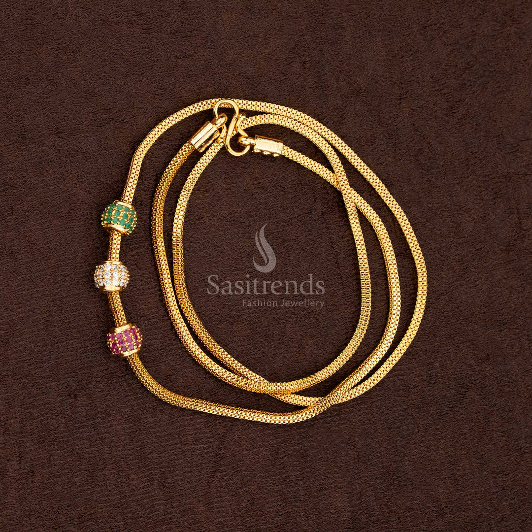 Full view of the Micro Gold Plated Mugappu Chain, highlighting the beautifully textured chain and the detailed, movable multi-bead centerpiece with AD stones.