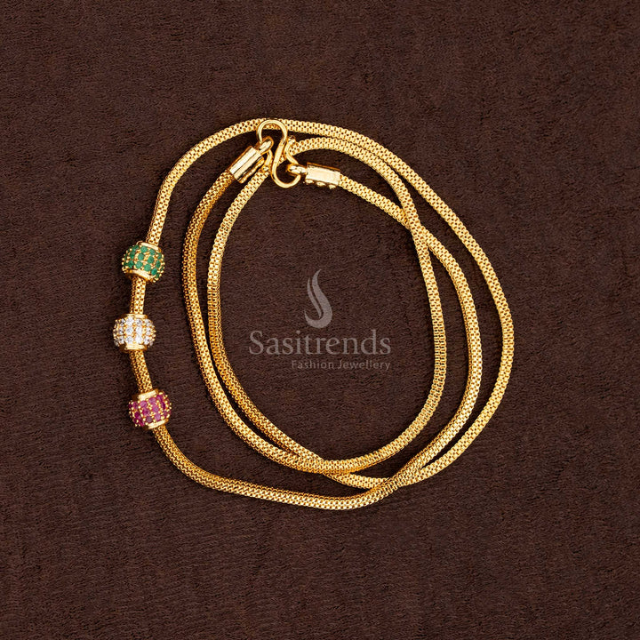 Full view of the Micro Gold Plated Mugappu Chain, highlighting the beautifully textured chain and the detailed, movable multi-bead centerpiece with AD stones.