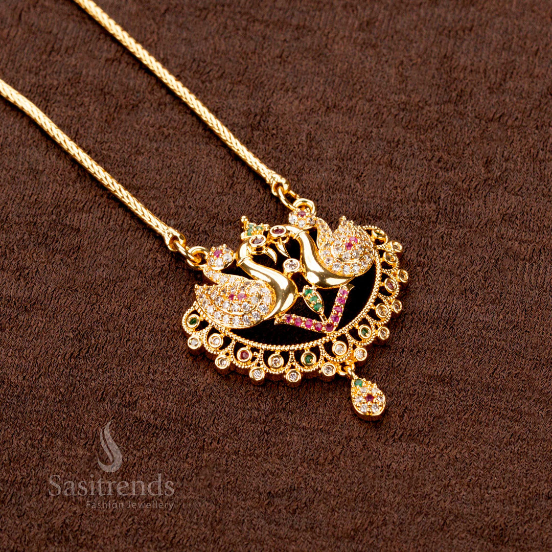 Micro Gold Plated Peacock Pendant with 30 Inch Thali Kodi Chain – Traditional AD Stone One Gram Jewellery – Sasitrends