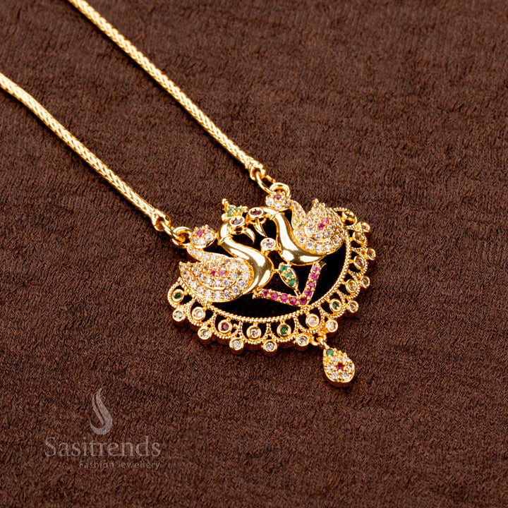 Micro Gold Plated Peacock Pendant with 30 Inch Thali Kodi Chain – Traditional AD Stone One Gram Jewellery – Sasitrends