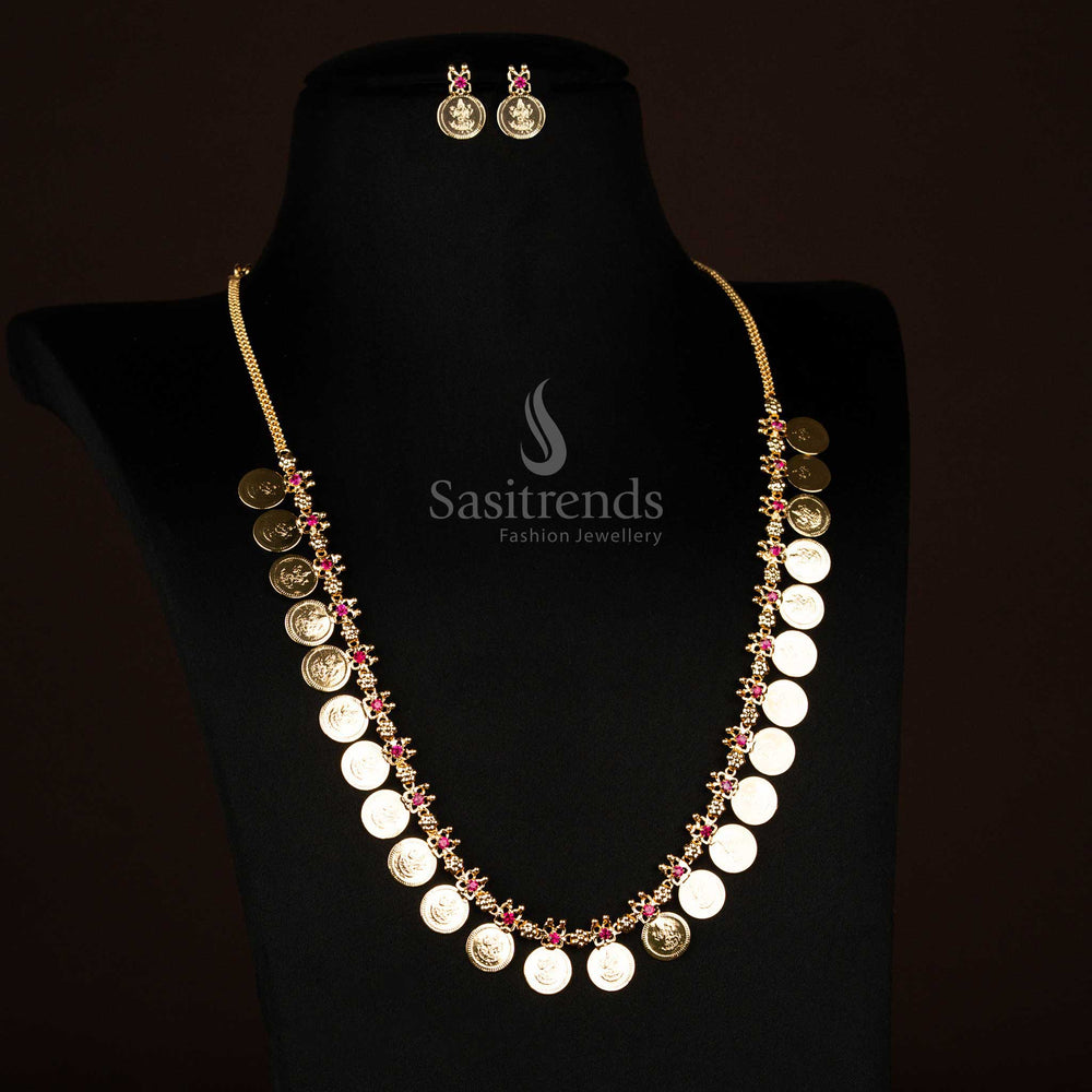 Micro Gold Plated Lakshmi Coin Necklace with Red Stone Accents – Looks Like Real Gold - Sasitrends