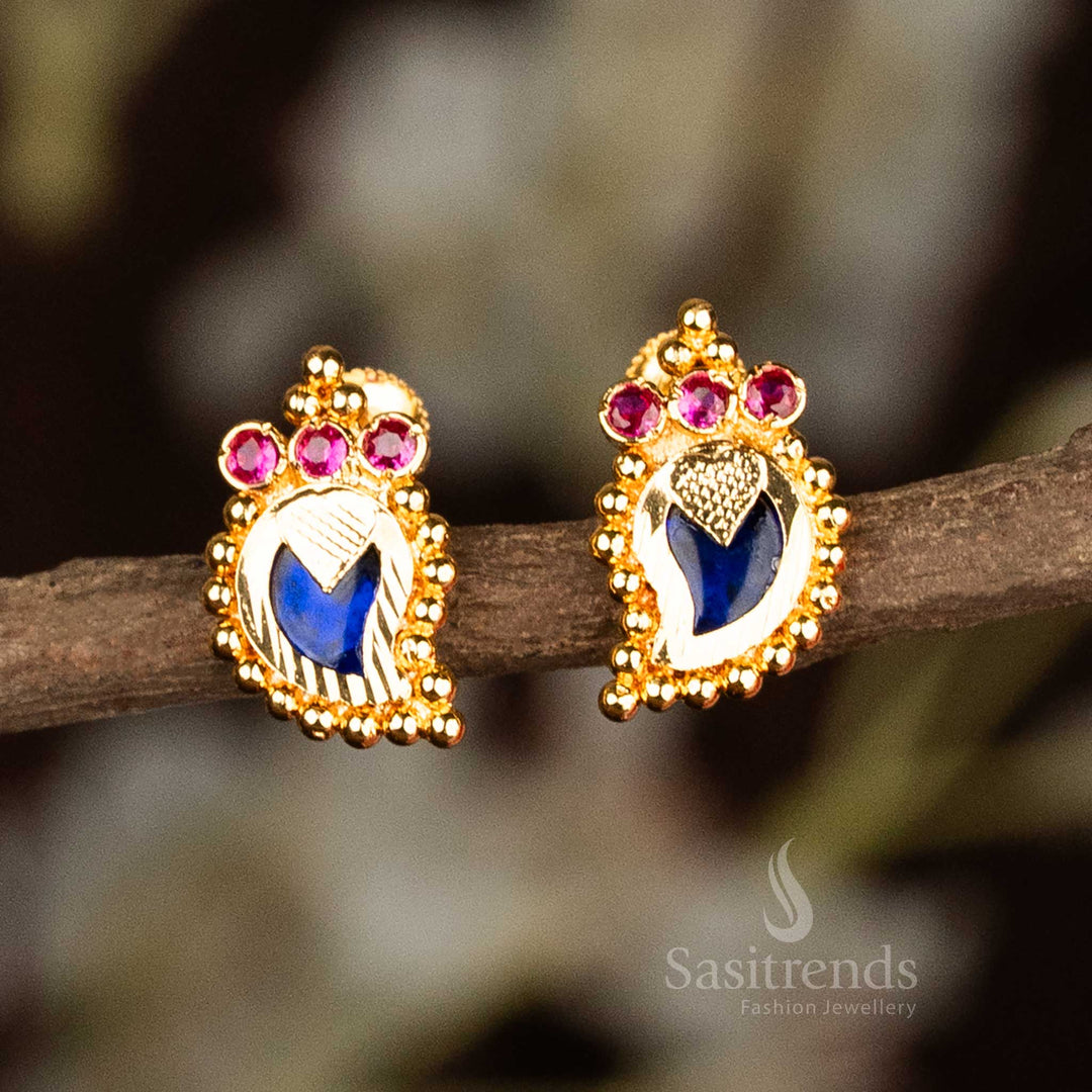 Temple-style blue Palakka earrings with mango design and three brilliant AD stones aligned vertically in a micro gold setting – festive Kerala jewellery handcrafted by Sasitrends