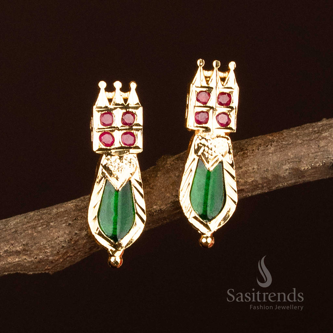 Green Nagapadam Palakka earrings in a micro gold square-head base, highlighted with four American diamond embellishments – vibrant Kerala temple jewellery for festive wear by Sasitrends