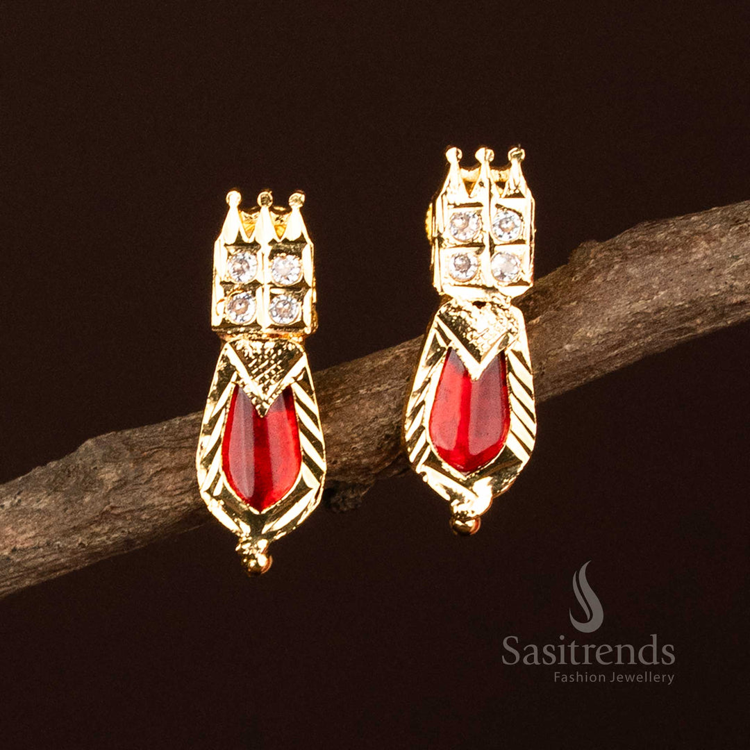 Traditional red Palakka earrings featuring Nagapadam motifs and American diamond stones, designed in a square-head micro gold finish – timeless ethnic South Indian jewellery crafted by Sasitrends