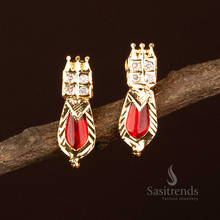 Traditional red Palakka earrings featuring Nagapadam motifs and American diamond stones, designed in a square-head micro gold finish – timeless ethnic South Indian jewellery crafted by Sasitrends