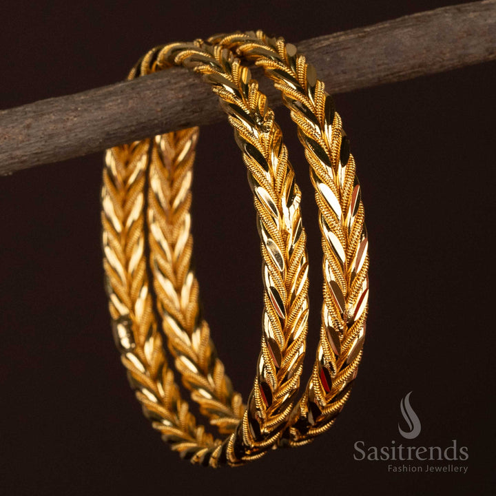 Gorgeous Micro Gold Plated Designer Pair of 2 Leaf Textured Bangles – One Gram – Guaranteed – Using 24 Carat Pure Gold – Looks Like Real Gold - Sasitrends
