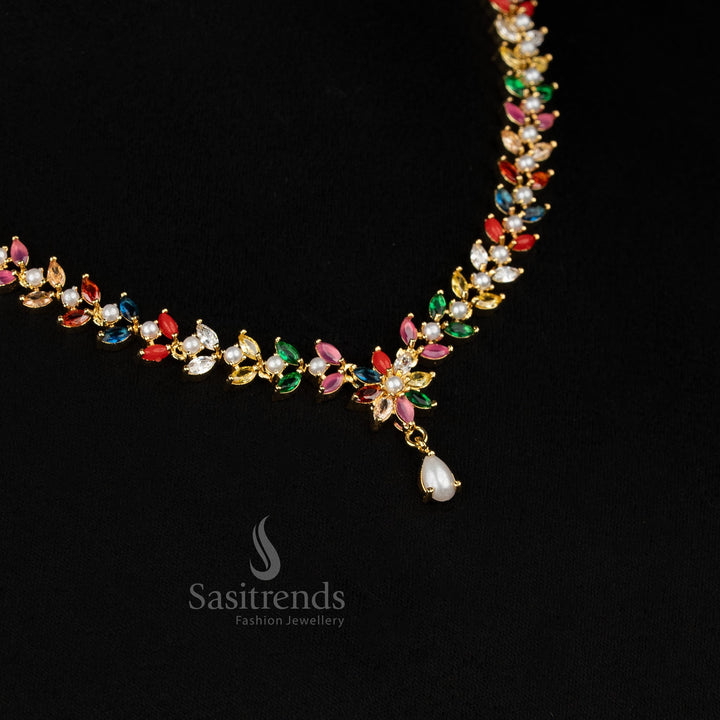 Multi Color Micro Gold Plated Pearl American Diamond Necklace Set featuring floral center and pearl drop – Sasitrends
