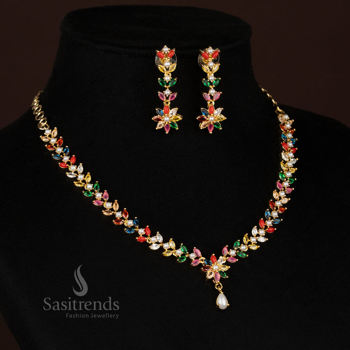 Multi Color Micro Gold Plated Pearl American Diamond Necklace Set featuring floral center and pearl drop – Sasitrends