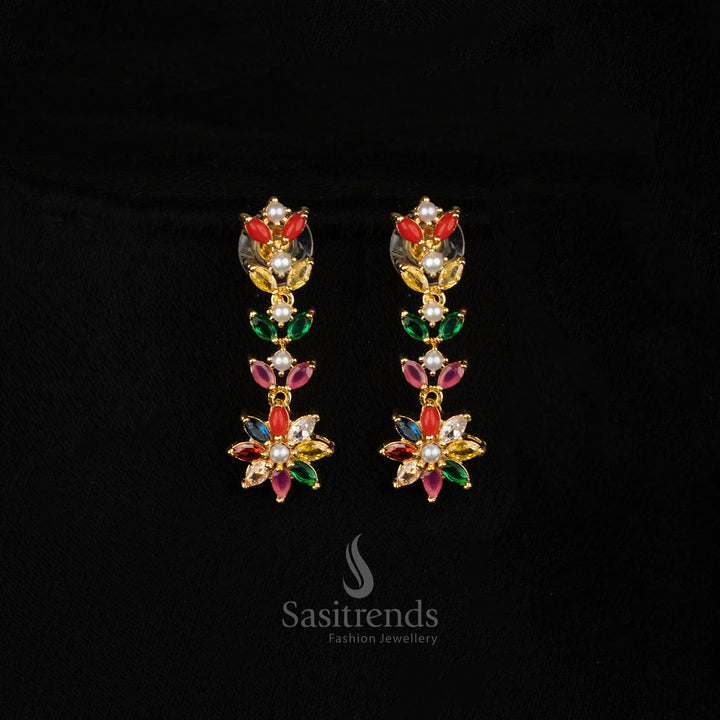 Multi Color Micro Gold Plated Pearl American Diamond Necklace Set featuring floral center and pearl drop – Sasitrends