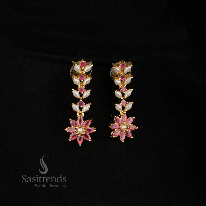 White Ruby Micro Gold Plated Pearl American Diamond Necklace Set featuring floral center and pearl drop – Sasitrends