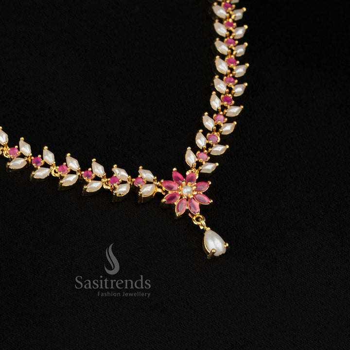 White Ruby Micro Gold Plated Pearl American Diamond Necklace Set featuring floral center and pearl drop – Sasitrends