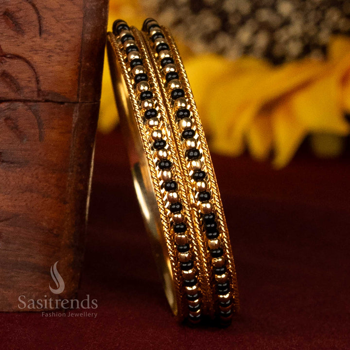 Charming Kids Micro Gold Plated Black Beads Bangles - Looks Like Real 24K Gold - Sasitrends