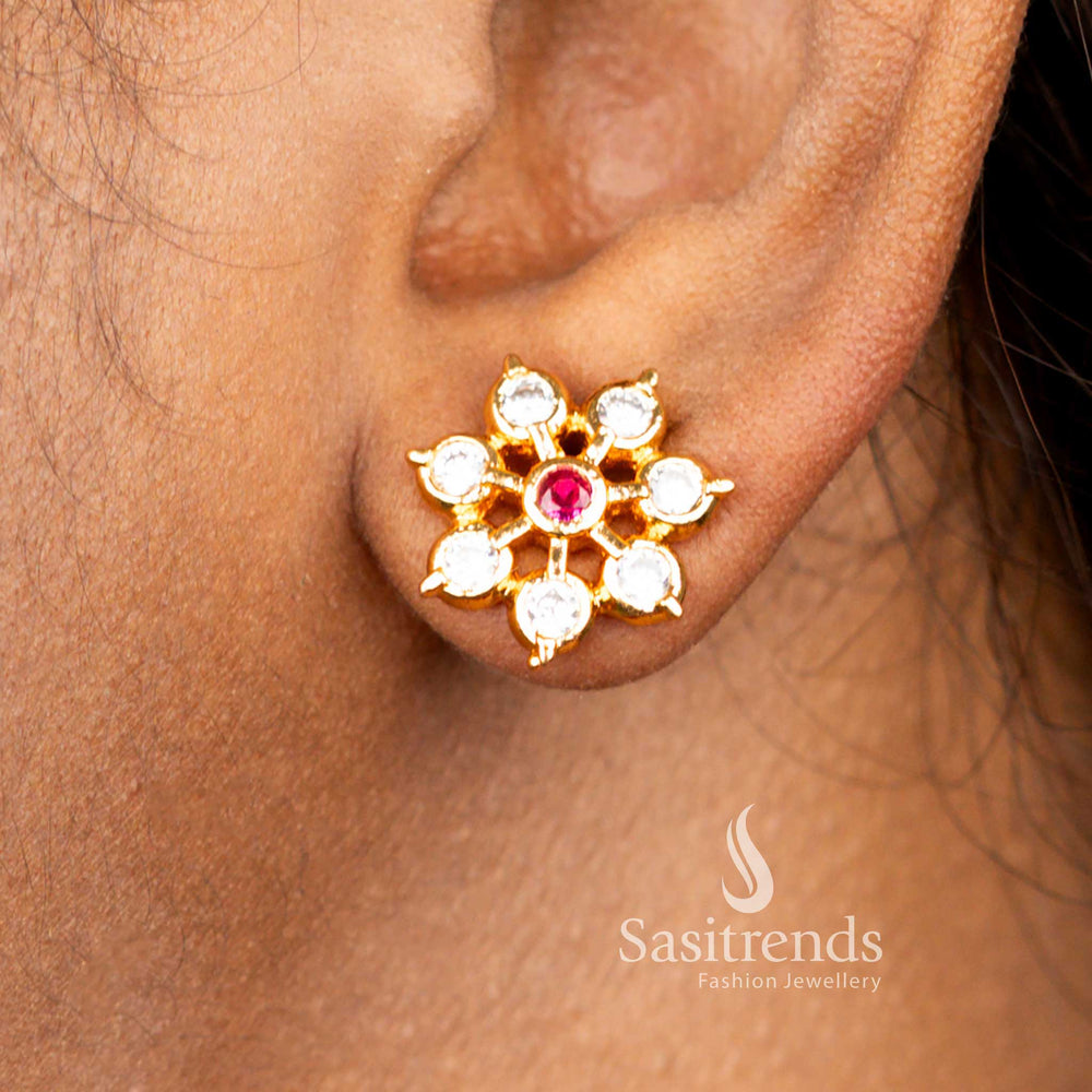 Guaranteed Impon Addigai One Gram Micro Gold Plated White Ruby Ad Stone Floral Earrings Real Gold Look - Sasitrends