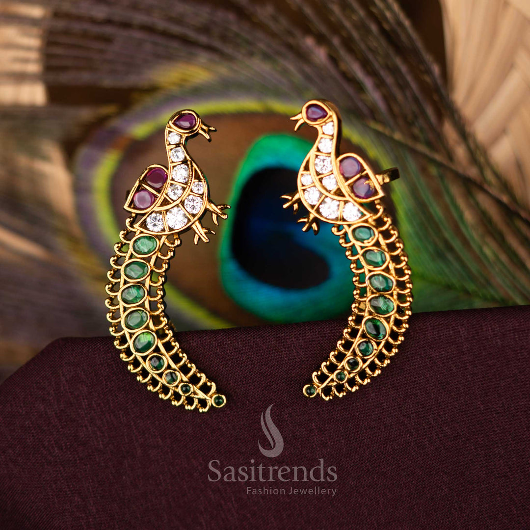 Premium peacock shaped temple inspired matte gold traditional earrings Sasitrends