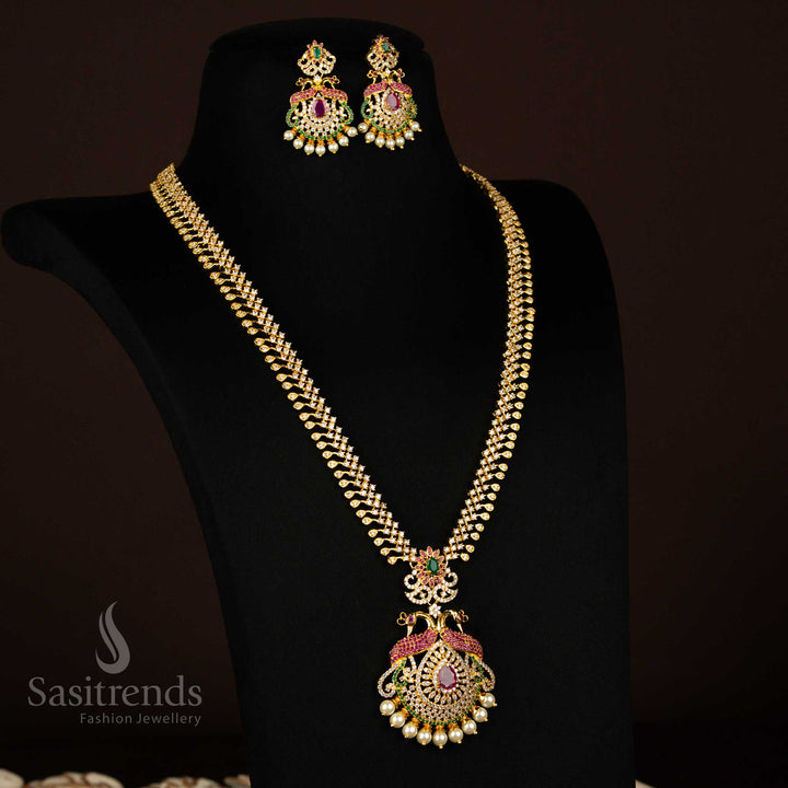 Stunning One Gram Gold Micro Plated American Diamond Peacock Short & Long Necklace Jewellery Set - Sasitrends