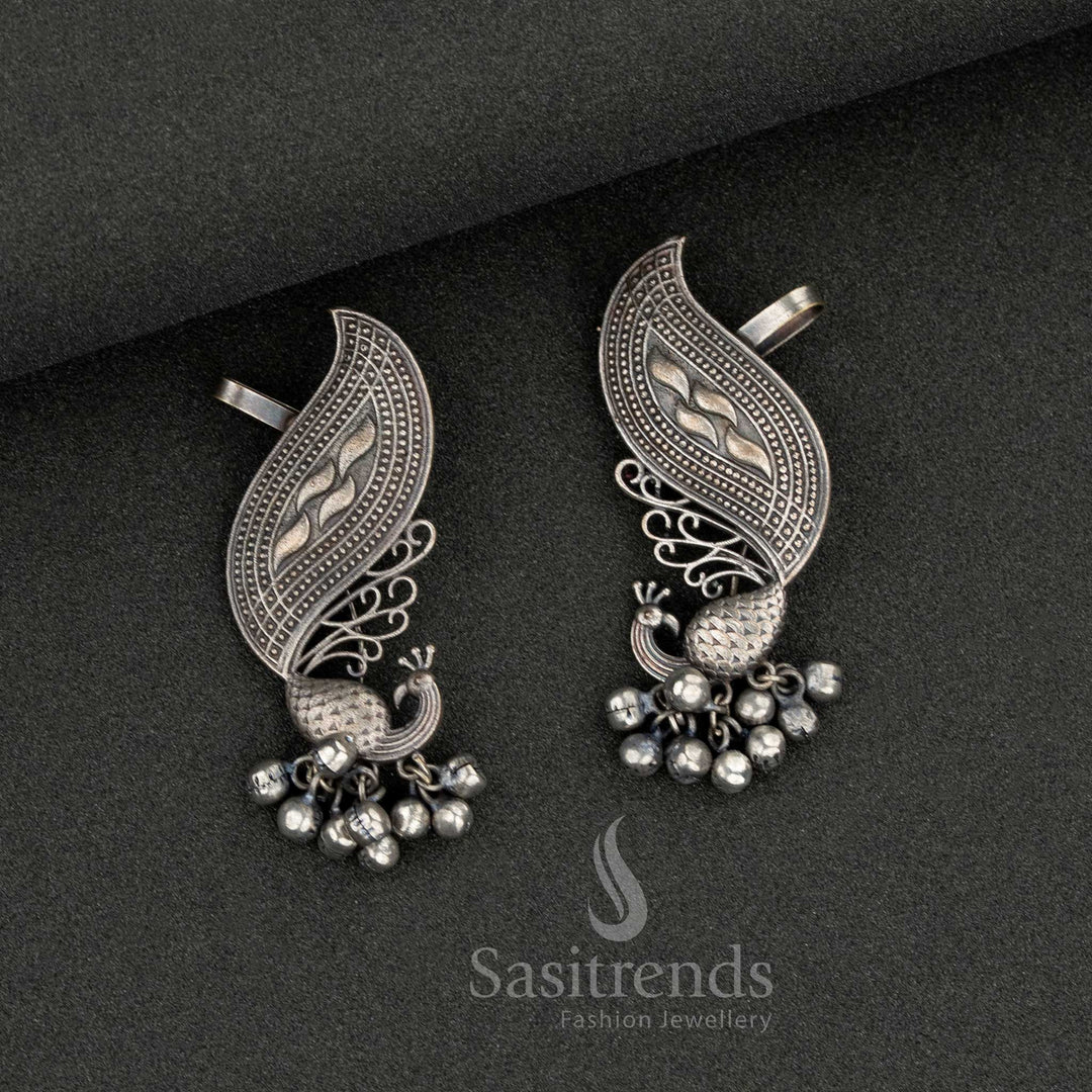 Oxidised silver peacock ear cuff with bead drops - Sasitrends