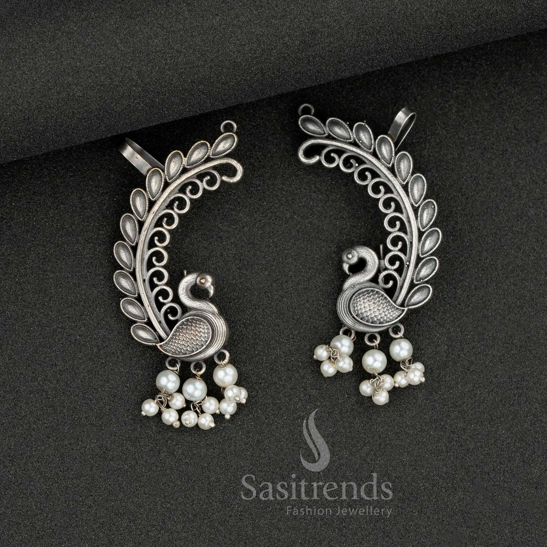 Antique oxidised peacock ear cuff with pearls