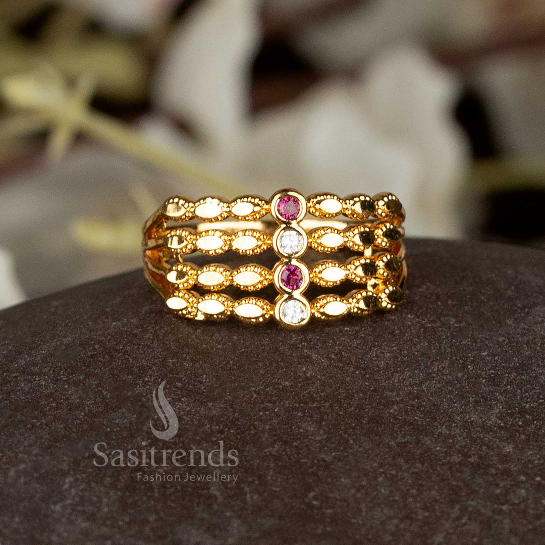 Sasitrends 24k gold plated ring with intricate Four -step design.