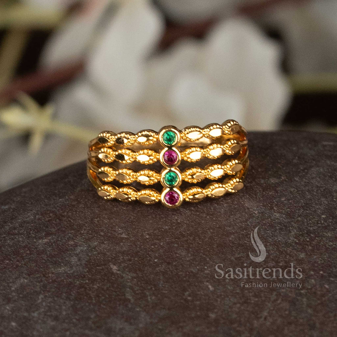 Micro gold plated step ring with AD stones and colored gems - Sasitrends