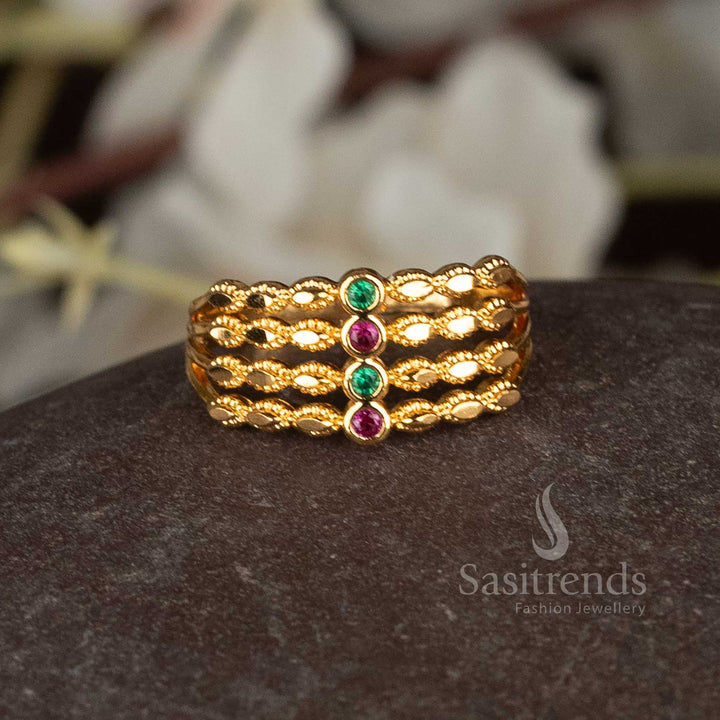 Micro gold plated step ring with AD stones and colored gems - Sasitrends