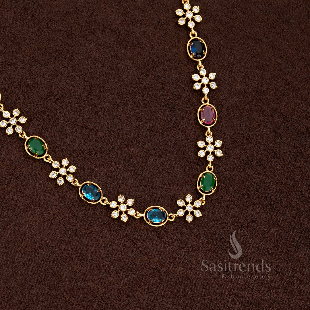 Traditional wear Impon Addigai Micro Gold Plated Pachaloha American Diamond Floral Motif Necklace - Sasitrends - Sasitrends