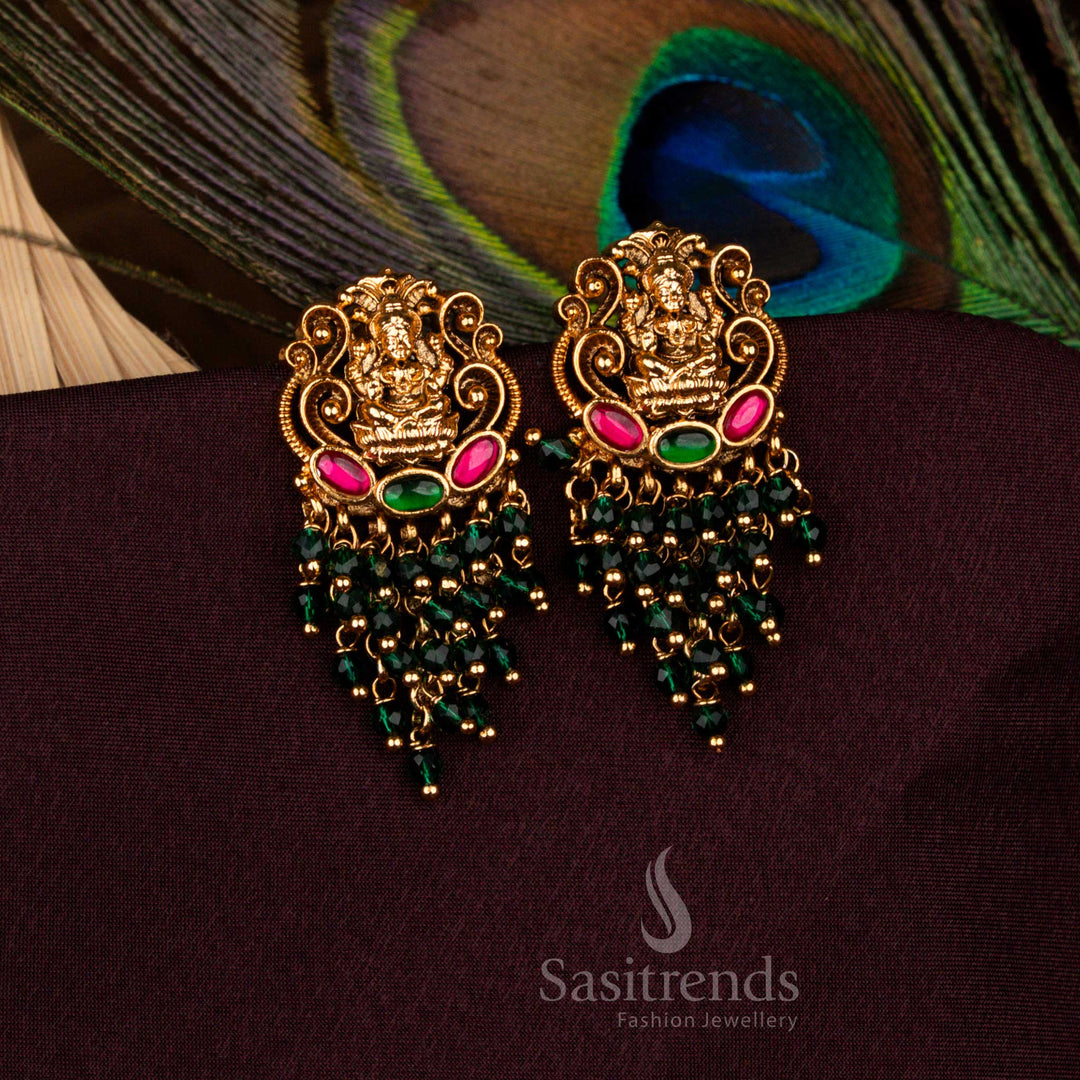 Divine temple earrings with ornate Lakshmi carving and cascading beads – Sasitrends
