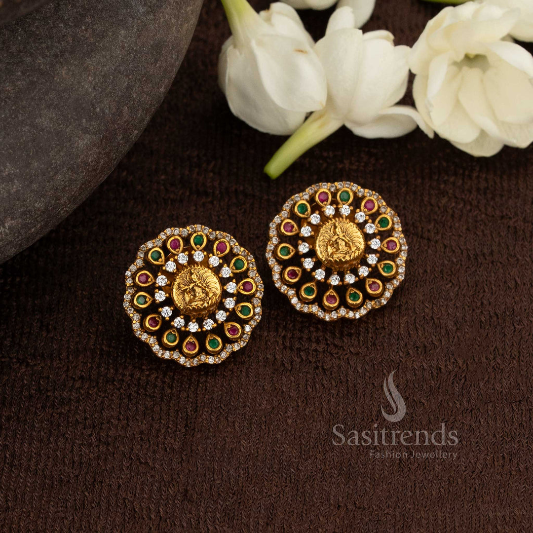 Regal matte gold round stud earrings with Goddess Lord Krishna design and floral detailing, ideal for temple visits and cultural gatherings – Sasitrends