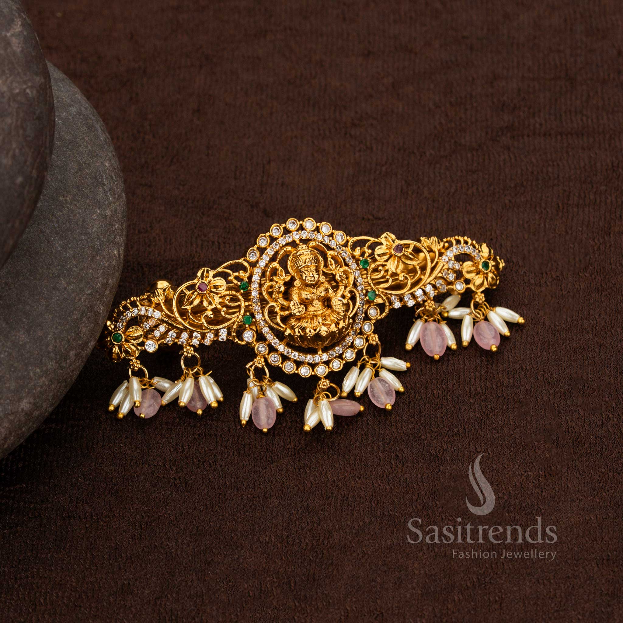 Lakshmi Matte Gold Hair Clip with AD Stones Pearls – Sasitrends