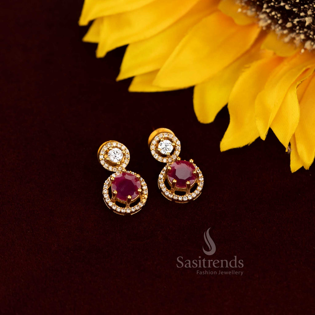 Exquisite matte gold plated AD earrings with double halo motif for festive luxury wear - Sasitrends
