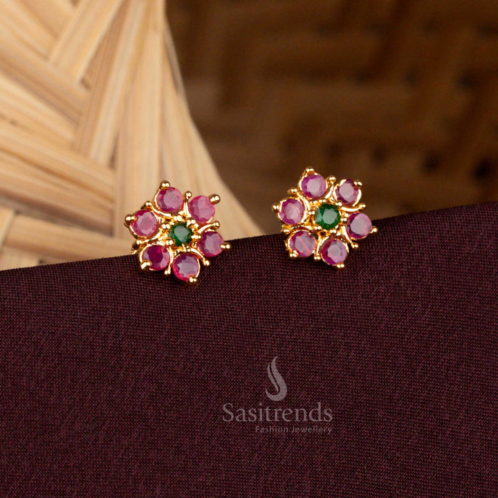 Micro Gold Plated AD Flower Stud Earrings with Screw Back - Sasitrends