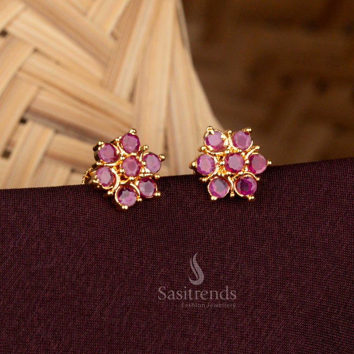 Sparkling AD Flower Earrings with  Ruby  Stones - Sasitrends