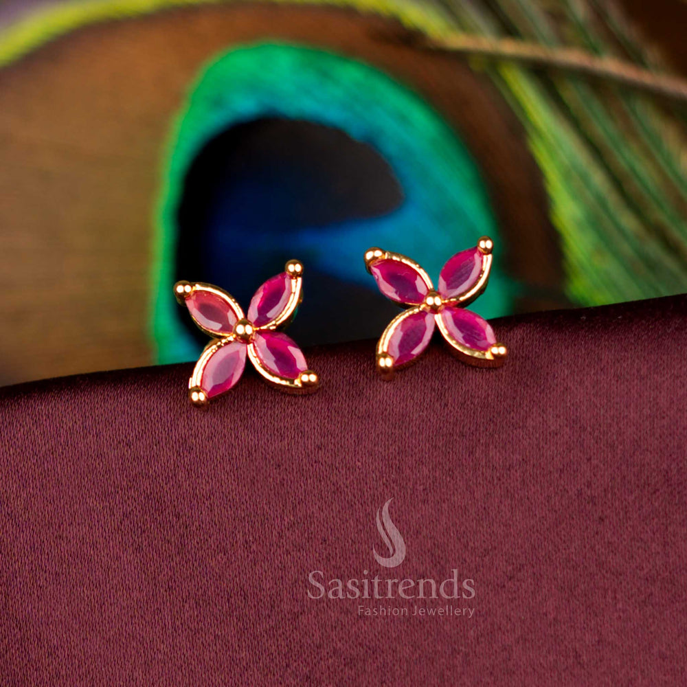Guaranteed one gram micro gold plated floral ruby stud earrings - Sasitrends