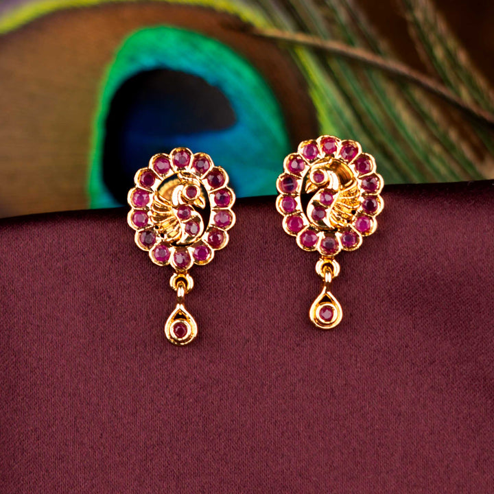 Guaranteed Micro Gold Plated Peacock Oval Stud Earrings with Drop | Traditional Wear