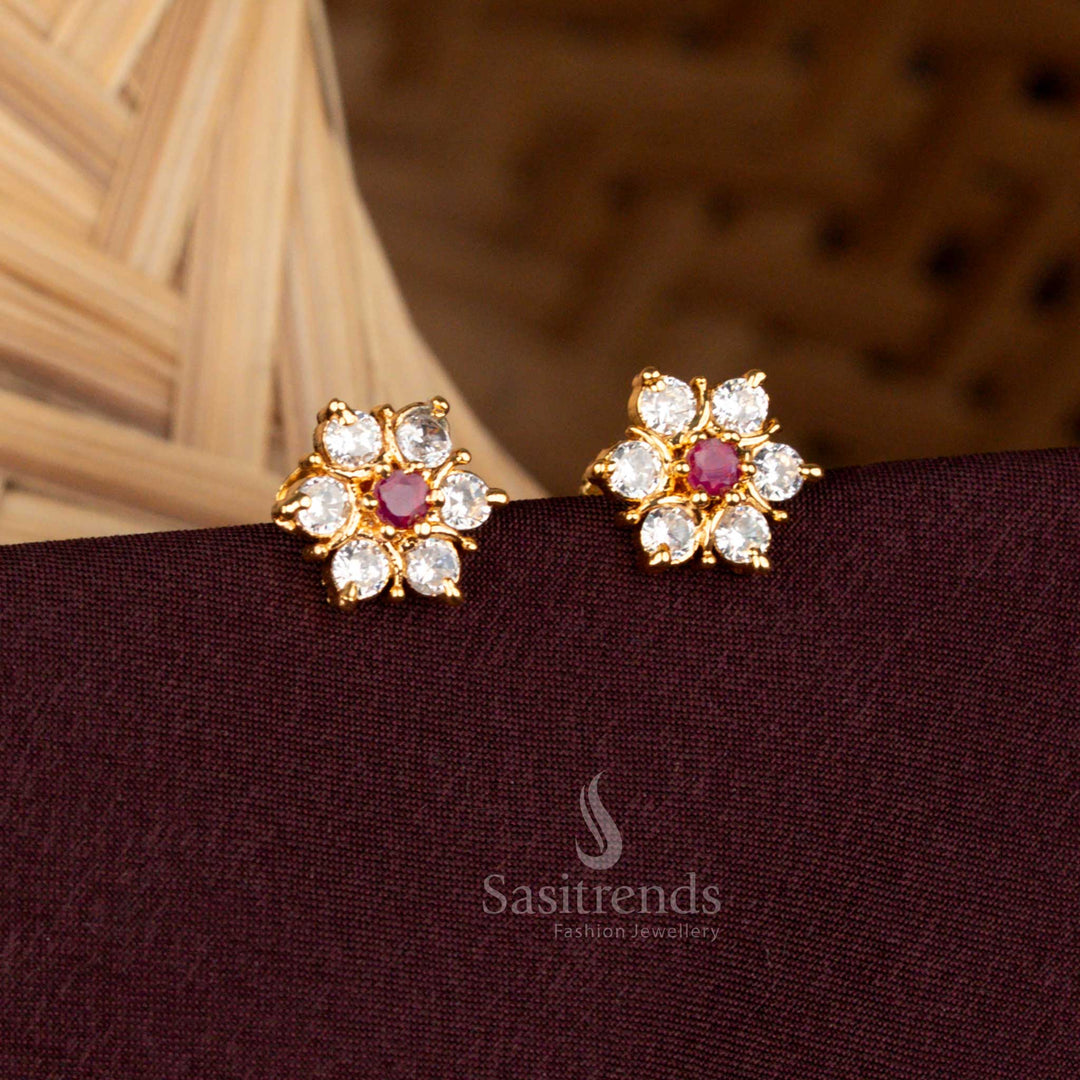 Micro Gold Plated AD Flower Stud Earrings with Screw Back