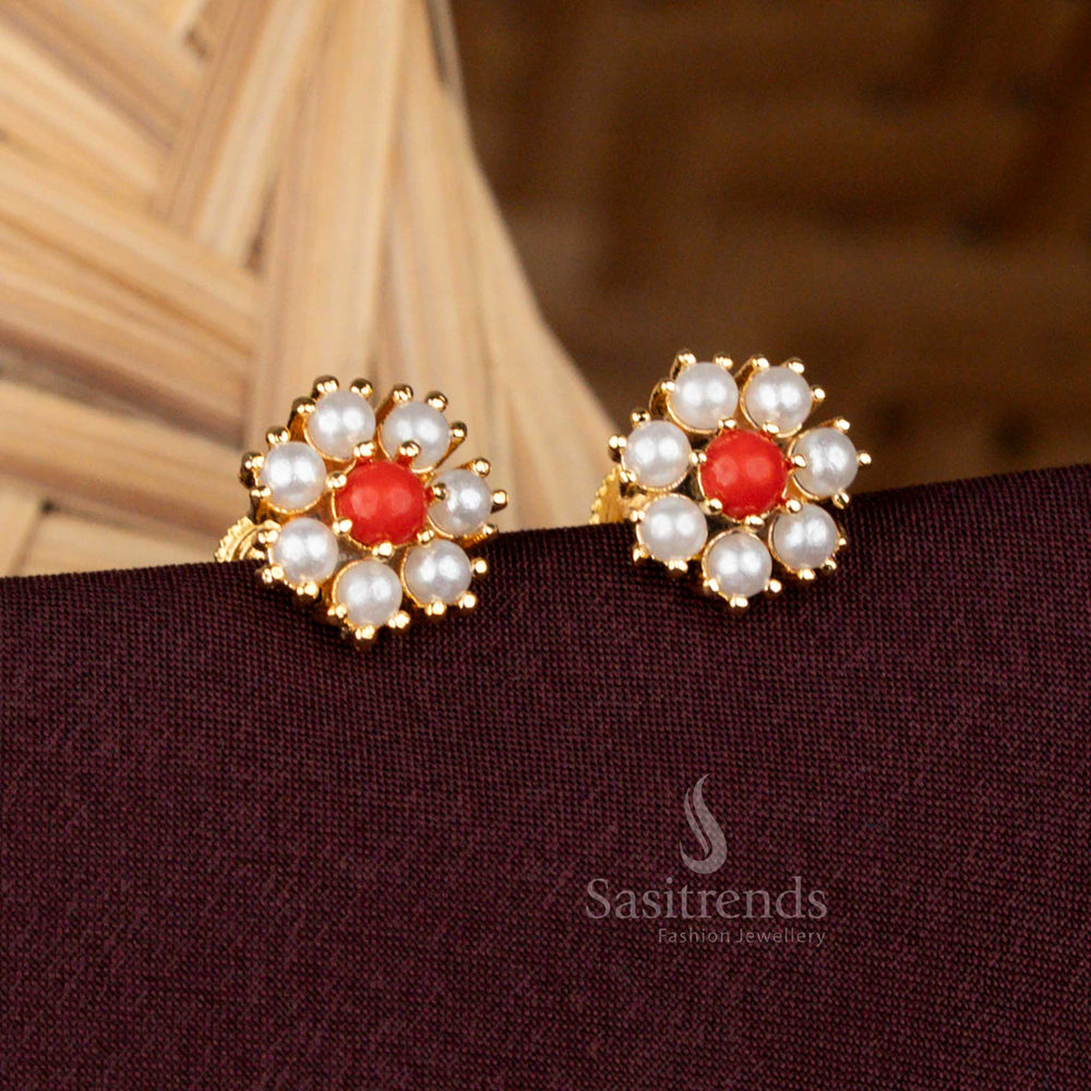 Traditional One Gram Micro Gold Plated Pearl-Pavalam Floral Earrings - Sasitrends