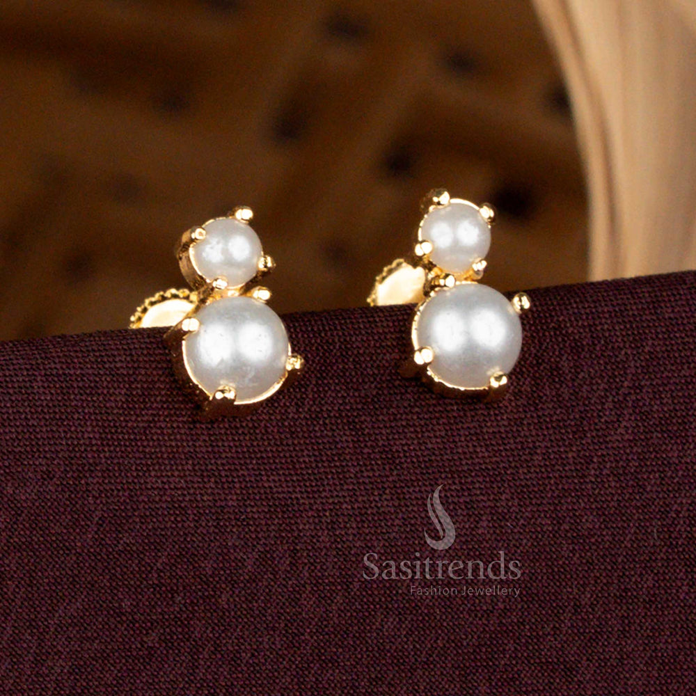 Traditional Screw Back Earrings with Pearl and Pavalam Stones in Gold Finish