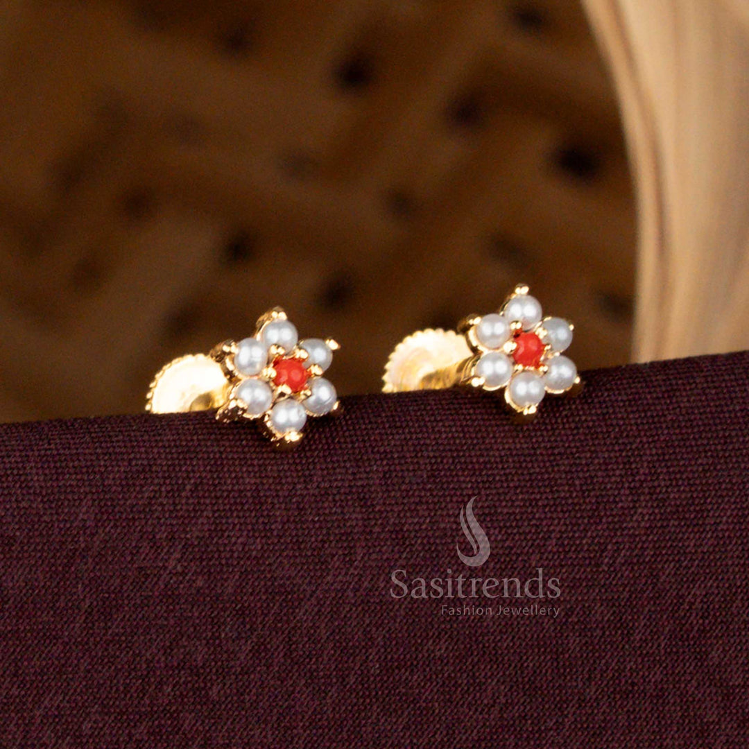 Micro Gold Plated Pearl Pavalam Floral Stud Earrings with Screw Back by Sasitrends