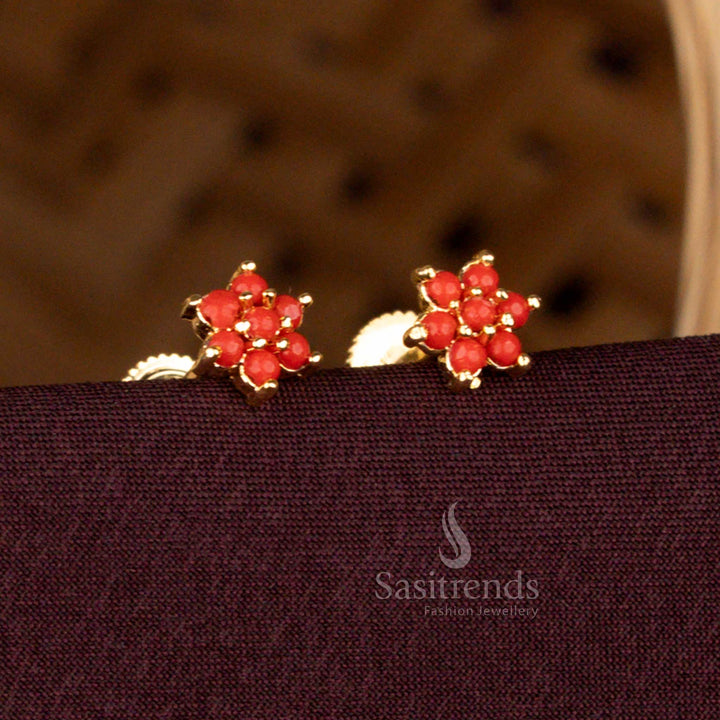 Micro Gold Plated  Pavalam Floral Stud Earrings with Screw Back by Sasitrends
