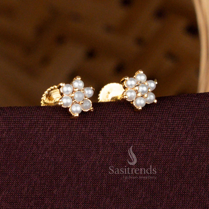 Micro Gold Plated Pearl Floral Stud Earrings with Screw Back by Sasitrends