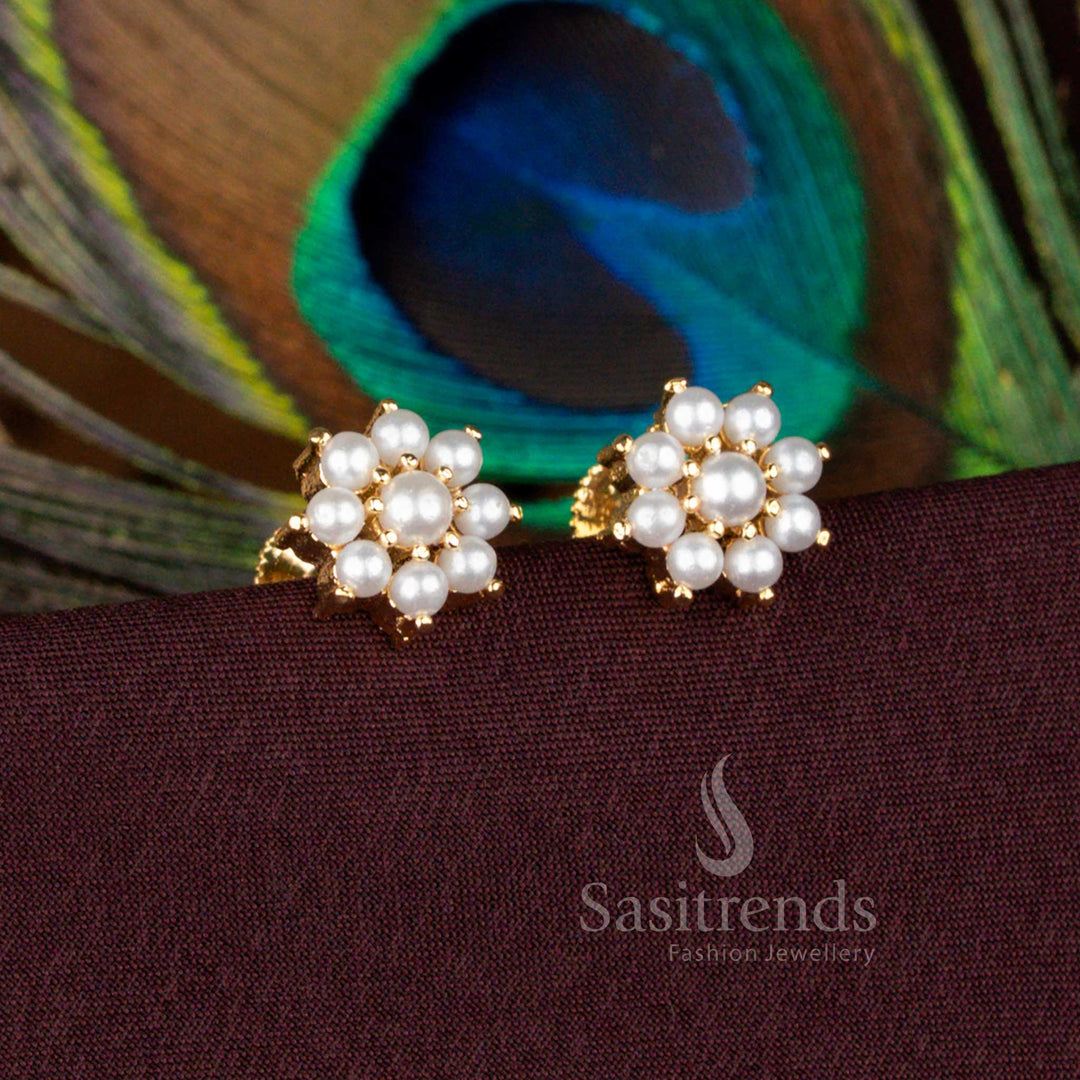 Micro Gold Plated Pearl Flower Stud Earrings with Screw Back by Sasitrends