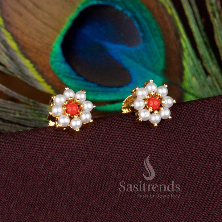 Micro Gold Plated Pearl Pavalam Flower Stud Earrings with Screw Back by Sasitrends