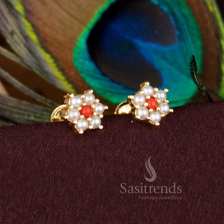 Handmade Micro Gold Plated Pearl Pavalam Floral Screw Type Stud Earrings